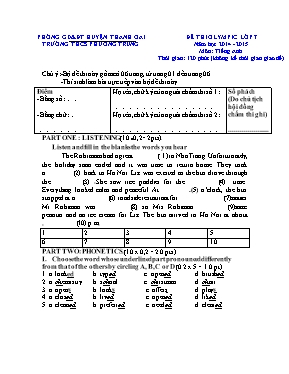 Đề và đáp án thi Olympic Tiếng anh lớp 7 - Năm học 2014-2015 - Phòng GD & ĐT huyện Thanh Oai
